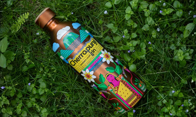 Cherrapunji gin bottle among green foliage